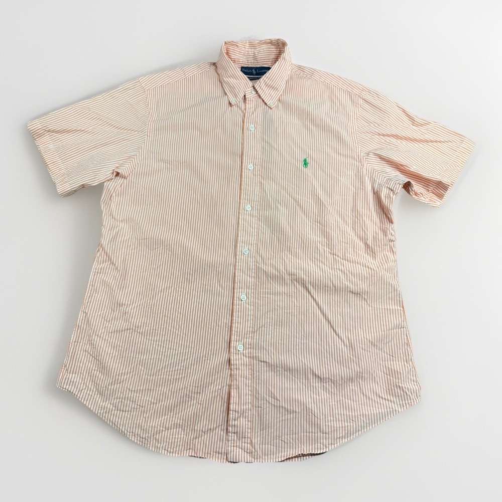Ralph Lauren Custom Fit Mens Large Short Sleeve Striped Button Down Shirt Orange